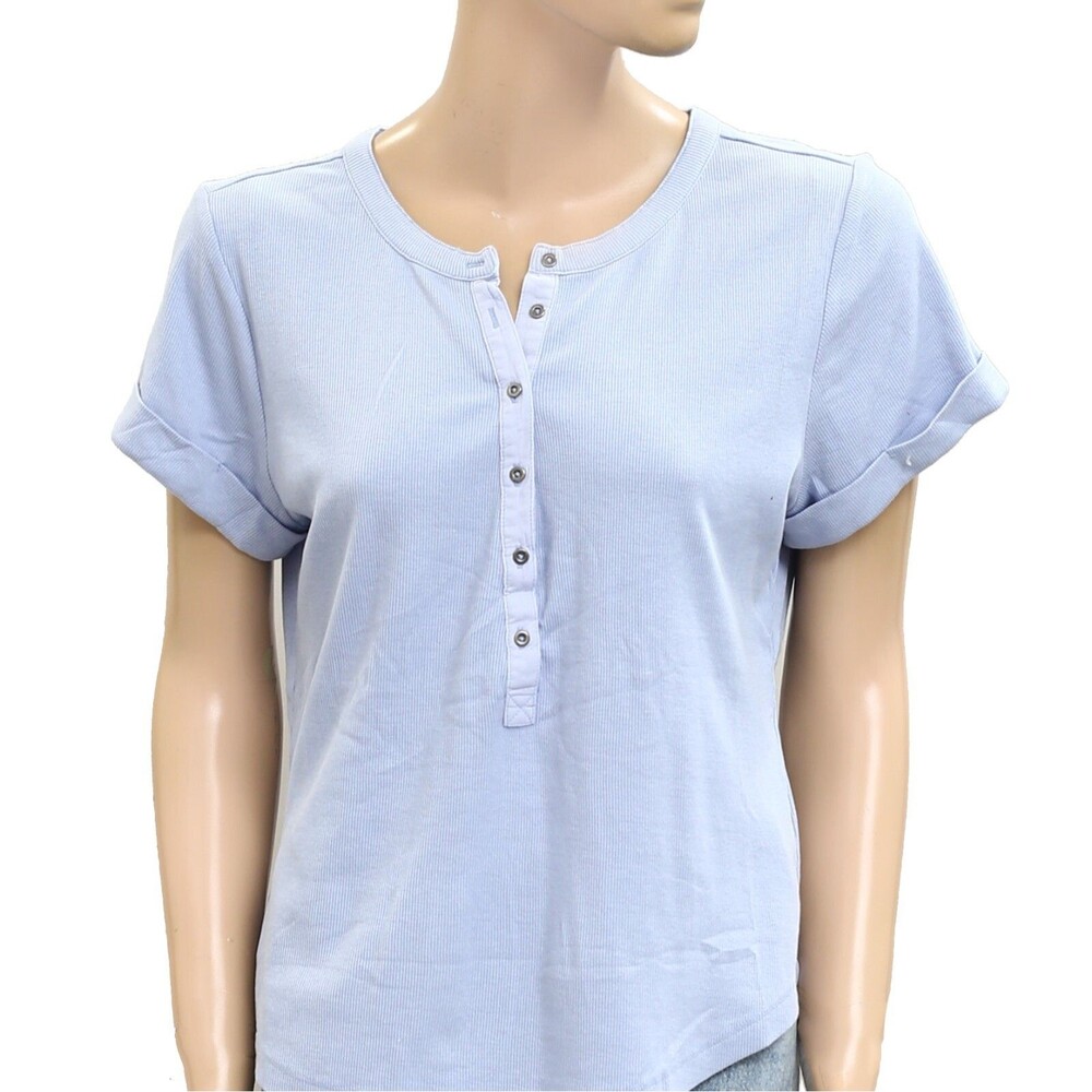 Pilcro Anthropologie The Andie Ribbed Henley Blouse Top Short Sleeve XL 280155 - Picture 4 of 7